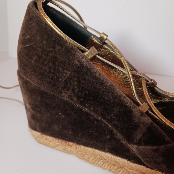 TORY BURCH Brown Velvet Espadrille Wedges Ankle Tie Sz 8.5 WornButNotWornOut - Picture 12 of 16